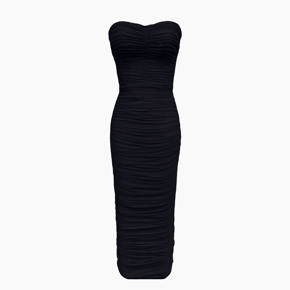 Dress The Population Heather Ruched Strapless Midi-Dress in Black Size XL